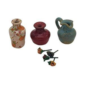 3 Vintage Miniature Pottery Vases & 4 Clay Roses, 1 marked K, 2 unmarked